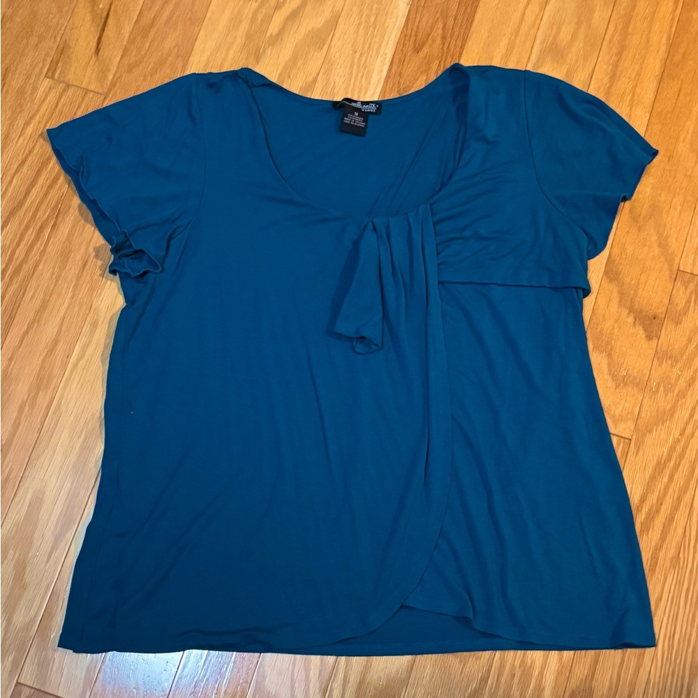Teal beautiful flutter sleeve flowy asymmetrical wrap and drape neck blouse